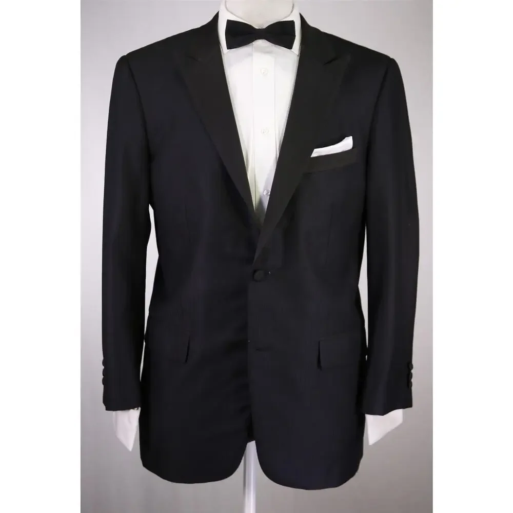 Dormeuil Custom Tailored Black Tonestripe Peak Lapel Tuxedo Formal Blazer 42R